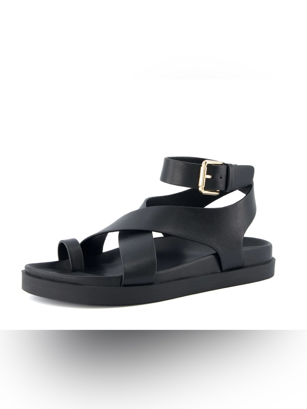 Cushionaire Entry Black Footbed Sandals vegan leather toe loop gold buckle 11W - Picture 9 of 12